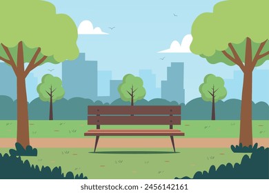 Landscape of a park with trees and bench.  Vector stock