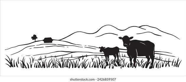 landscape pasture with cows. black and white drawing in sketch style, engraving. farm