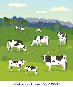 Landscape with Pasturing Cows with Baby Cows
