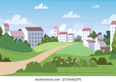 Landscape with a path on a hill surrounded by flowers, green bushes and buildings in a simple minimal geometric flat style. Clear sky with white clouds.Vector illustration. Not AI generated 