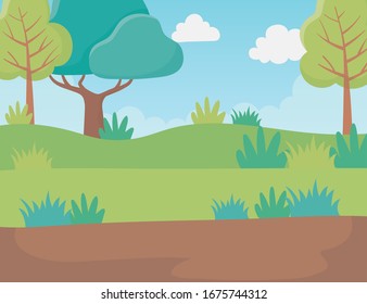 landscape path trees grass foliage nature greenery image vector illustration