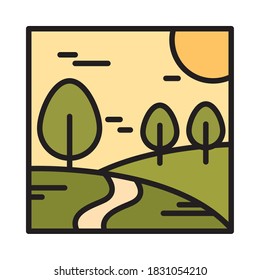 landscape path trees meadow nature sun sky cartoon line and fill style vector illustration