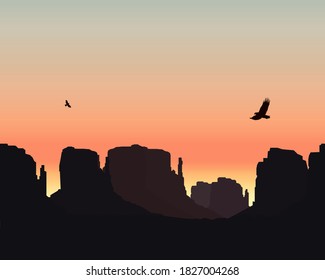 Landscape pattern with mountains and Flying eagles in Colorful sky at Sunset. 