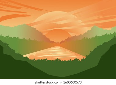 Landscape pattern vector. Abstract background. Mountain template. Sea in sunset backdrop.