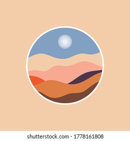 Landscape pattern vector with Japanese wave pattern. Abstract background. Mountain template in Asian style. Illustration design of retro style scenery.  isolated on color background in circle Shape.