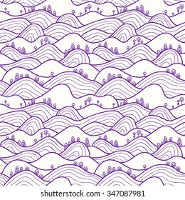 Landscape pattern. Vector seamless pattern with hills, trees, fields and peaks. Background  illustration with landscape.