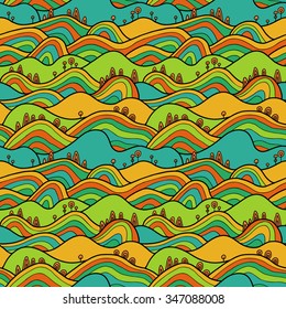 Landscape pattern. Vector seamless pattern with hills, trees, fields and peaks. Background  illustration with landscape.