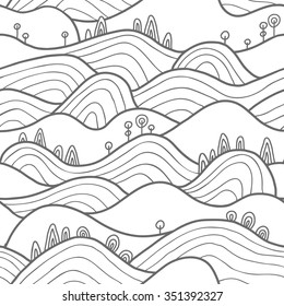 Landscape pattern. Vector seamless pattern with hills, trees, fields and peaks. Monochrome background illustration with landscape.