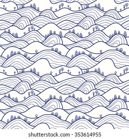 Landscape pattern. Vector seamless pattern with hills, trees, fields and peaks. Background illustration with bright landscape.