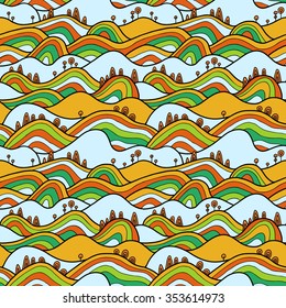 Landscape pattern. Vector seamless pattern with hills, trees, fields and peaks. Background illustration with bright landscape.