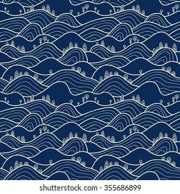 Landscape pattern. Vector seamless pattern with hills, trees, fields and peaks. Background illustration with colorful landscape.