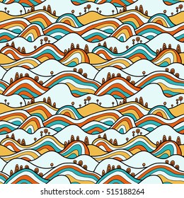 Landscape pattern. Vector seamless pattern with hills, trees, fields and peaks. Background illustration with bright landscape.