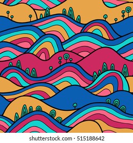 Landscape pattern. Vector seamless pattern with hills, trees, fields and peaks. Background illustration with bright landscape.