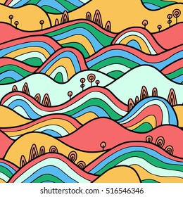 Landscape pattern. Vector seamless pattern with hills, trees, fields and peaks. Background illustration with bright landscape.