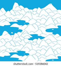 Landscape pattern. Vector seamless pattern with hills, lakes, fields and peaks. Background illustration with bright landscape.