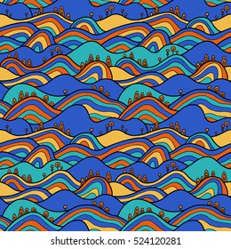 Landscape pattern. Vector seamless pattern with hills, trees, fields and peaks. Background illustration with bright landscape.