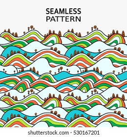 Landscape pattern. Vector seamless pattern with hills, trees, fields and peaks. Background illustration with bright landscape. Border ornament.