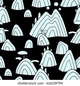 Landscape pattern. Vector seamless pattern with hills, trees, fields and peaks. Background illustration with sea  landscape.