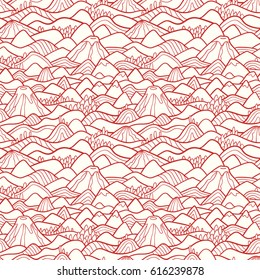 Landscape pattern. Vector seamless pattern with hills, trees, fields and peaks. Background illustration with bright landscape.