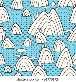 Landscape pattern. Vector seamless pattern with hills, trees, fields and peaks. Background illustration with sea landscape.
