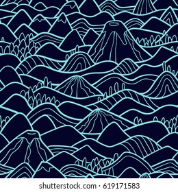 Landscape pattern. Vector seamless pattern with hills, trees, fields and peaks. Background illustration with bright landscape.