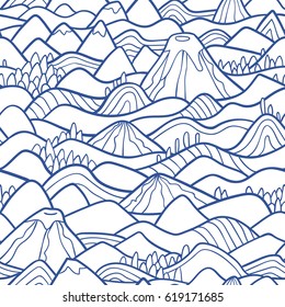 Landscape pattern. Vector seamless pattern with hills, trees, fields and peaks. Background illustration with bright landscape.