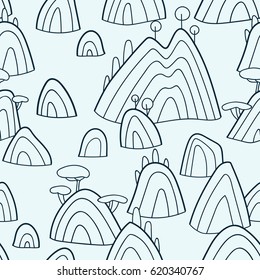 Landscape pattern. Vector seamless pattern with hills, trees, fields and peaks. Background illustration with sea landscape.