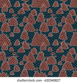 Landscape pattern. Vector seamless pattern with hills, trees, fields and peaks. Background illustration with sea landscape.