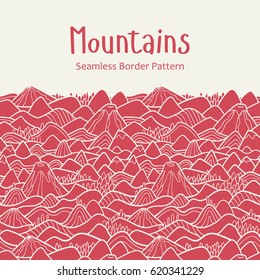 Landscape pattern. Vector seamless pattern with hills, trees, fields and peaks. Background illustration with bright landscape. Border ornament.