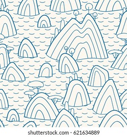 Landscape pattern. Vector seamless pattern with hills, trees, fields and peaks. Background illustration with sea landscape.