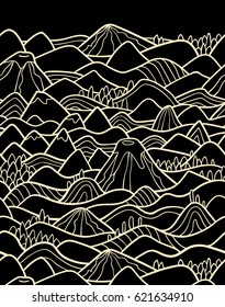 Landscape pattern. Vector seamless pattern with hills, trees, fields and peaks. Background illustration with bright landscape. Border ornament.