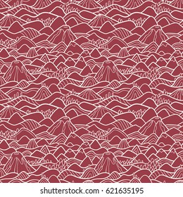 Landscape pattern. Vector seamless pattern with hills, trees, fields and peaks. Background illustration with bright landscape.