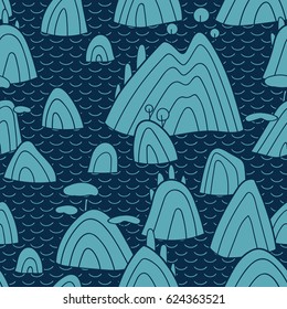 Landscape pattern. Vector seamless pattern with hills, trees, fields and peaks. Background illustration with sea landscape.