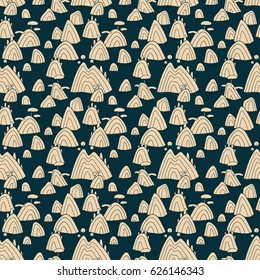 Landscape pattern. Vector seamless pattern with hills, trees, fields and peaks. Background illustration with sea landscape.