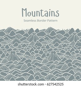 Landscape pattern. Vector seamless pattern with hills, trees, fields and peaks. Background illustration with bright landscape. Border ornament.