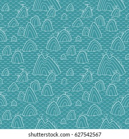 Landscape pattern. Vector seamless pattern with hills, trees, fields and peaks. Background illustration with sea landscape.