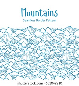 Landscape pattern. Vector seamless pattern with hills, trees, fields and peaks. Background illustration with bright landscape. Border ornament.