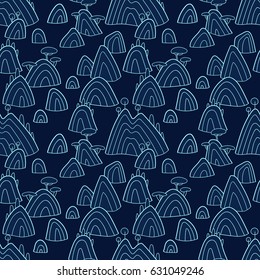 Landscape pattern. Vector seamless pattern with hills, trees, fields and peaks. Background illustration with sea landscape.