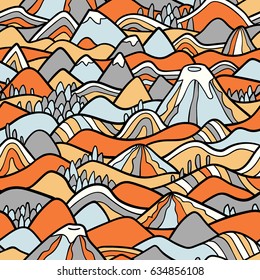 Landscape pattern. Vector seamless pattern with hills, trees, fields and peaks. Background illustration with bright landscape. 