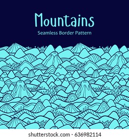 Landscape pattern. Vector seamless pattern with hills, trees, fields and peaks. Background illustration with bright landscape. Border ornament.