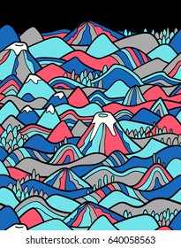 Landscape pattern. Vector seamless pattern with hills, trees, fields and peaks. Background illustration with bright landscape. Border ornament.