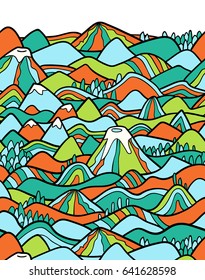 Landscape pattern. Vector seamless pattern with hills, trees, fields and peaks. Background illustration with bright landscape. Border ornament.