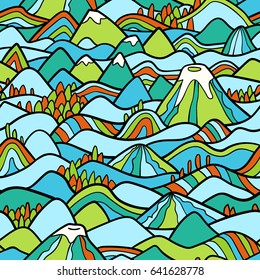 Landscape pattern. Vector seamless pattern with hills, trees, fields and peaks. Background illustration with bright landscape. 
