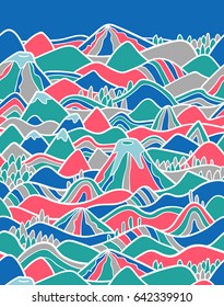 Landscape pattern. Vector seamless pattern with hills, trees, fields and peaks. Background illustration with bright landscape. Border ornament.