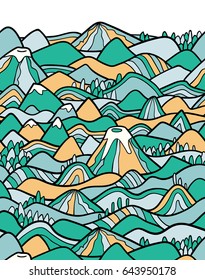 Landscape pattern. Vector seamless pattern with hills, trees, fields and peaks. Background illustration with bright landscape. Border ornament.