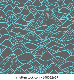Landscape pattern. Vector seamless pattern with hills, trees, fields and peaks. Background illustration with bright landscape.