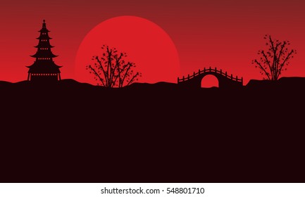 Landscape of pavilion and bridge silhouettes