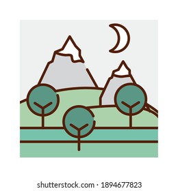paisaje pico montañas de nieve pradera naturaleza cartografía, vectores ilustración líneas llenas de colores planos
