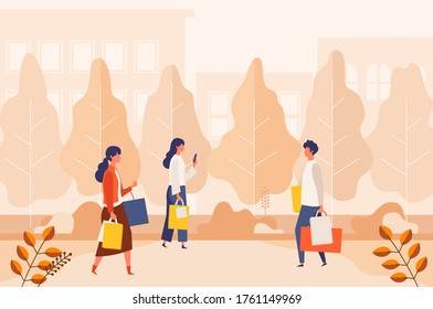 Landscape with people carrying shopping bags at autumn city street. Man and woman taking part in seasonal sale at store, shop, mall. Flat cartoon colorful vector illustration.