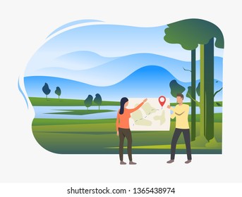 Landscape and people holding paper map. Tourism, travel, holiday concept. Can be used for topics like nature, vacation, summer
